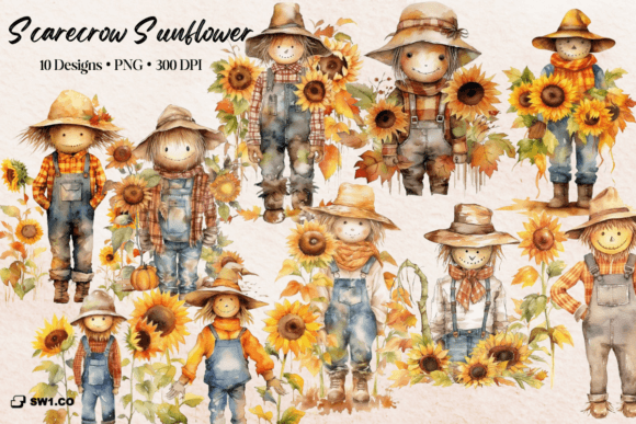 Download Watercolor Scarecrow Sunflower Clipart - Scarecrow Collection