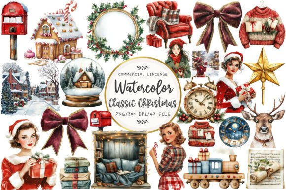 Download Watercolor Classic Christmas Clipart - Premium Resources