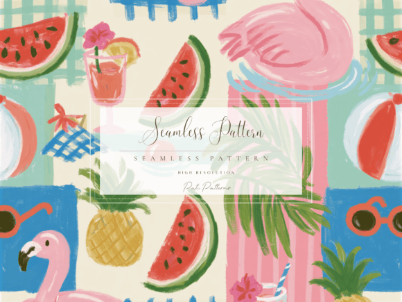 Download Watermelon Flamingo Poolside Seamless Pattern PNG - Premium Bundle